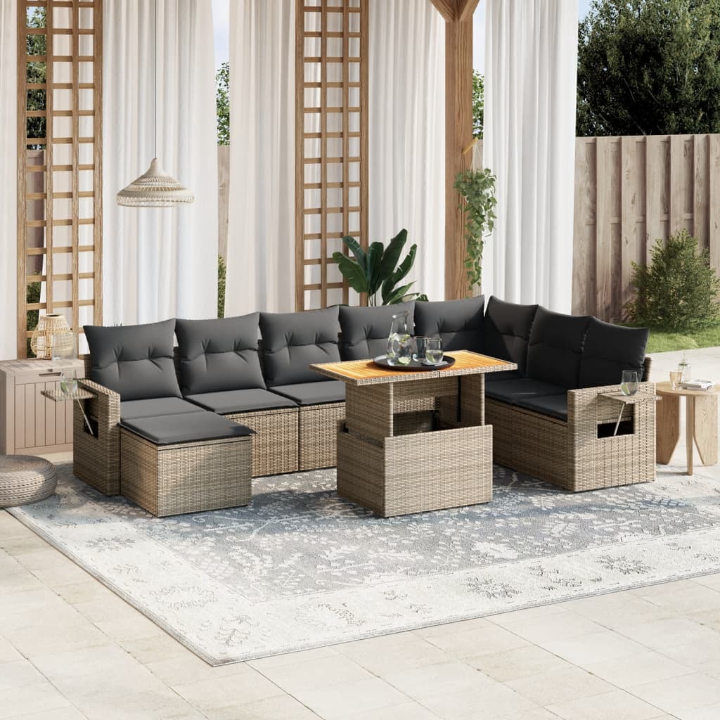 9-tlg. Garten-Sofagarnitur mit Kissen Grau Poly Rattan